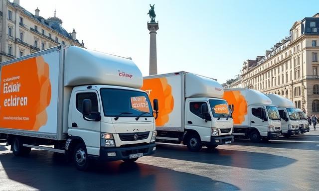 Flotte de camions Déménagement Éclair FR devant la place Bellecour