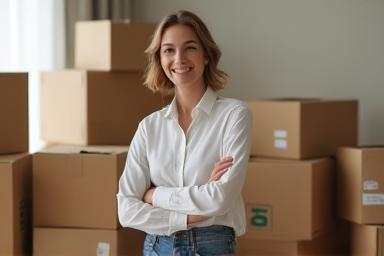 Client heureux devant ses cartons après un déménagement réussi